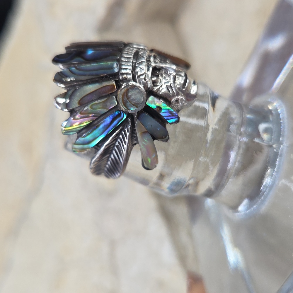 925 Sterljng Silver Abalone Native American Chief Ring - Picture 4 of 7